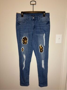 VENUS Blue Skinny Jeans with Leopard Patch Accents